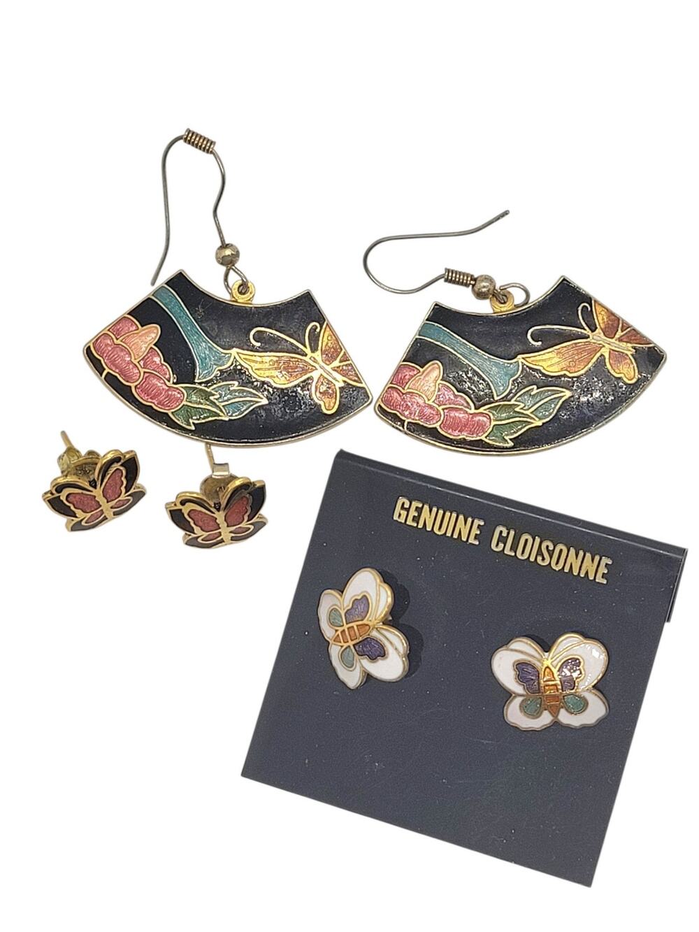 Vintage Cloisonne Enamel Earrings Lot Of 3 Butterfly Floral Fan Bohemian Set